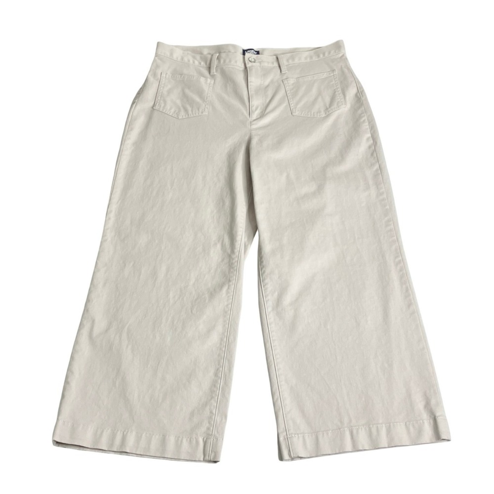 Lands End Wide Leg Chino Crop Pants Women 16 High Rise Patch Pocket Beige Khaki